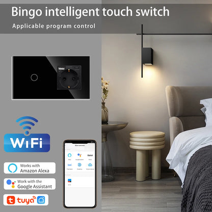 Wifi Light Switch Plus EU Wall USB Socket Type-c Smart Touch Switches 1/2/3Gang Smart Life Google Alexa App Control