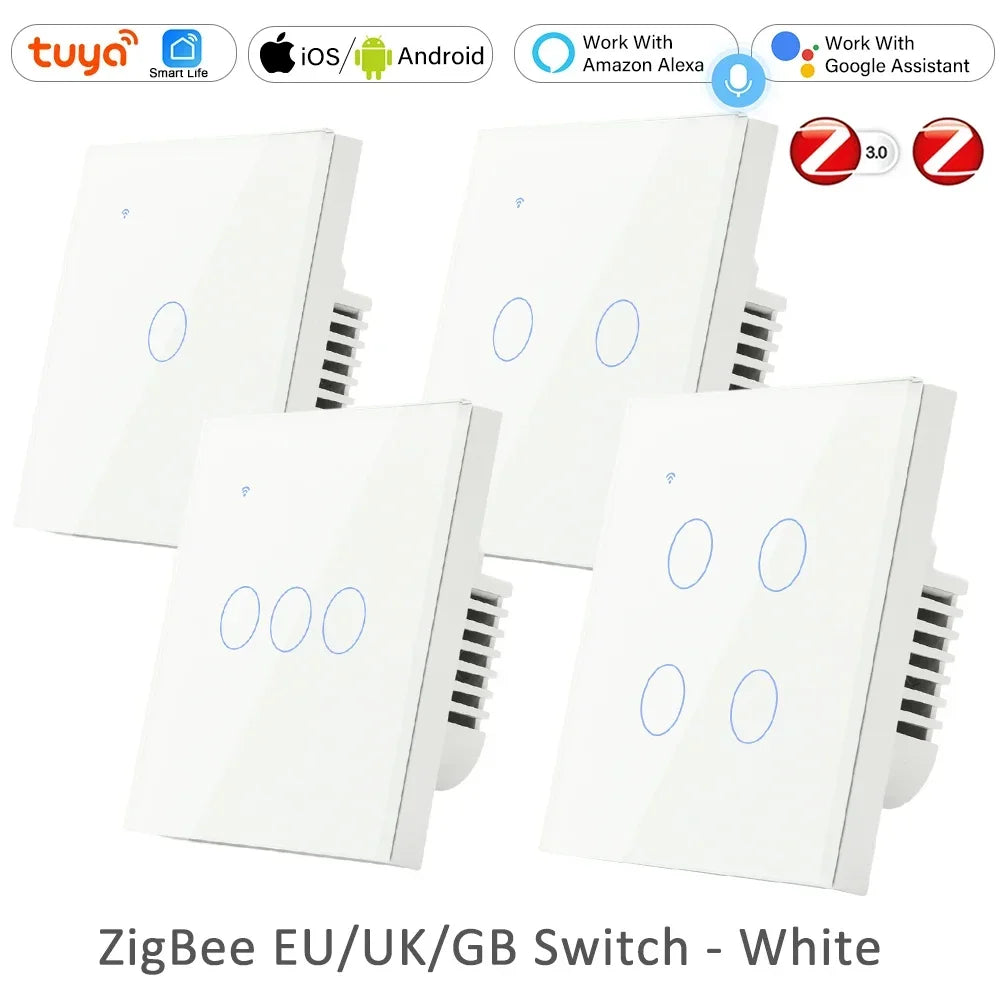 Alexa 2 3 Way Tuya ZigBee Smart Life EU UK Wall Light Power Switch Touch Switches 110V 220V Wireless Remote Home 1 2 3 4 Gang