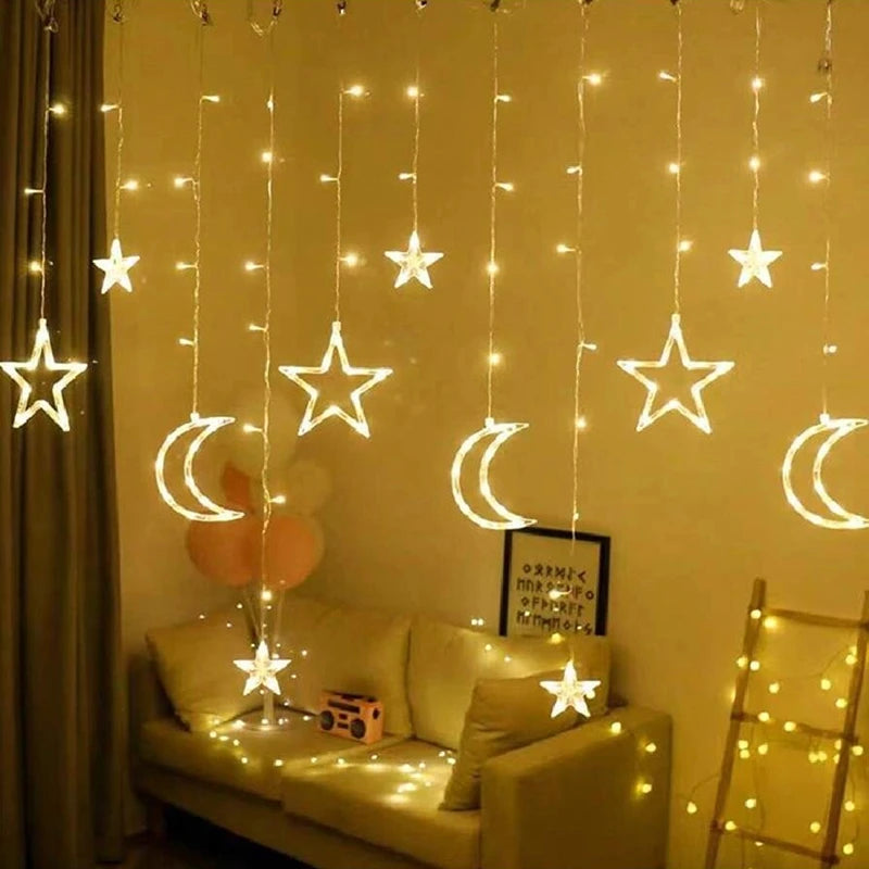 Led Star Moon Curtain Light 3.5M Battery Box With Flashing Window String Lights For Party Holiday Christmas Decoration