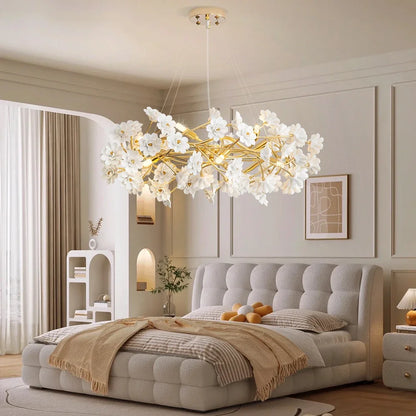 French White Flower Chandelier for Living Room Bloom Ceramics Bedroom Girl's Room Romantic Ceiling Hanging Pendant