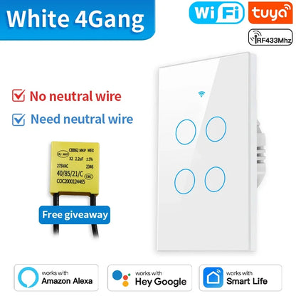 TNCE Tuya Wifi/Zigbee RF433 US Smart Wall Switch 1/2/3/4 Gang Touch Sensor Button No-Neutral Wire,Voice With Alexa Google Home