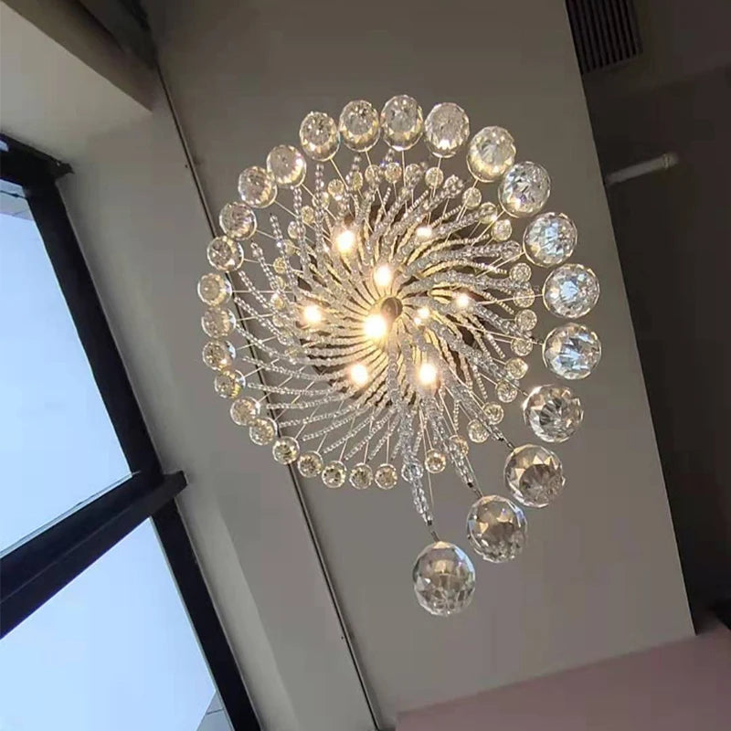 New Round Duplex Staircase Rotating Chandelier Modern Minimalist Villa Luxury Hotel Hollowed Out Long Crystal Lamp