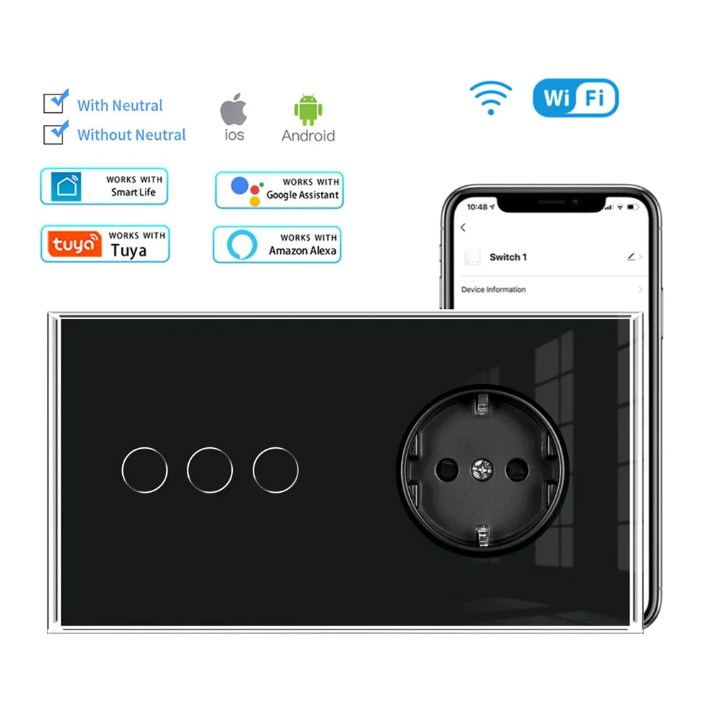 VISWE Wifi Smart Switch, Black Tempered Glass Panel 153mm*82mm Touch Switch and EU Wall Sockets 220V Alexa Tuya Remote Control