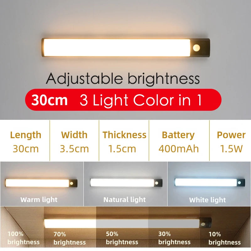 20-80cm LED Motion Sensor Light Night Wireless Lamp USB Rechargeable Wall Under Cabinet Bedroom For Kitchen Wardrobe Battery