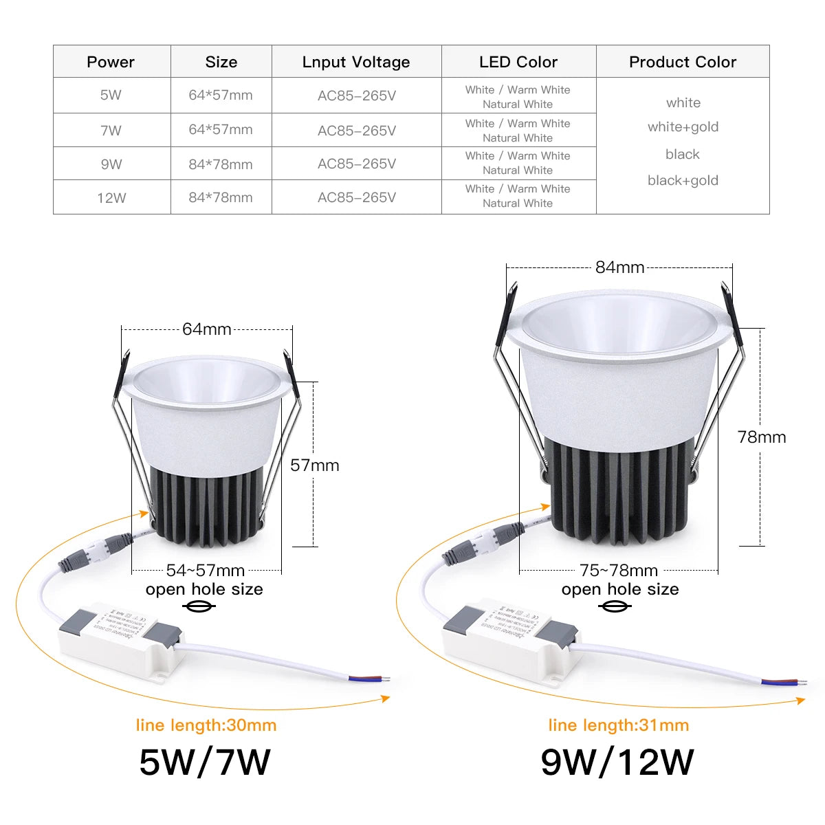 Spot LED Ceiling Recessed Lights Aluminium Spotlights Downlights LED Ceiling Lights White Gold/Black Gold AC85-265V Kitchen Lamp