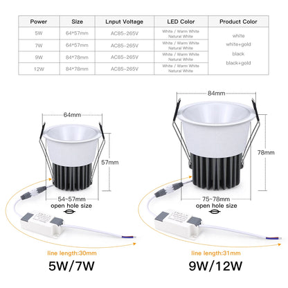 Spot LED Ceiling Recessed Lights Aluminium Spotlights Downlights LED Ceiling Lights White Gold/Black Gold AC85-265V Kitchen Lamp