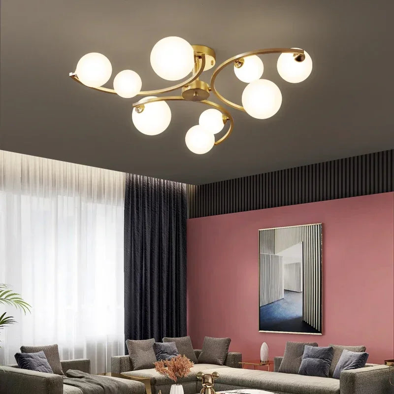 Luxury Golden Copper Ceiling Light Modern White Glass Ball LED Ceiling Lamps Living Dining Room Light Fixtures