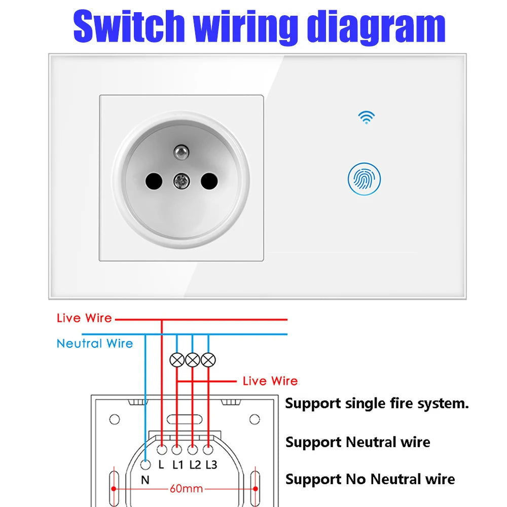 AXUS Franch Standard Touch Switch Smart Power Socket Plug Wall Power Crystal Glass Panel 16A French Socket 146mm Plug Grounding