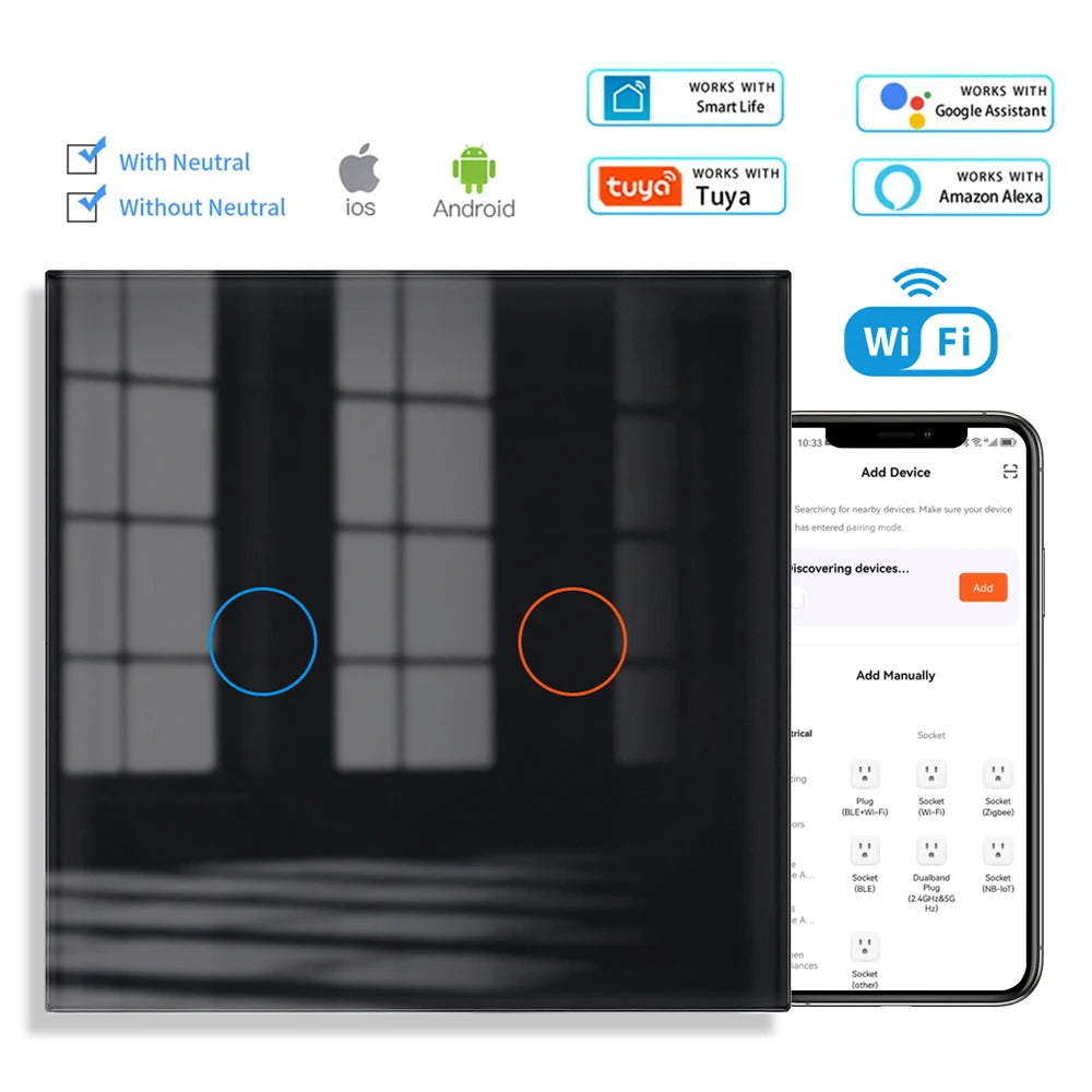 VISWE Wifi Smart Switch, Black Tempered Glass Panel 153mm*82mm Touch Switch and EU Wall Sockets 220V Alexa Tuya Remote Control