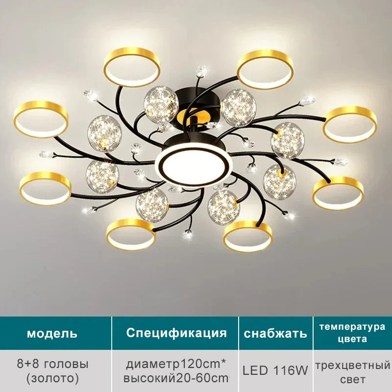 2024 Black Ceiling Chandeliers Modern Living Room Hall Ceiling Light Fixture Romantic Starry Gold Creative Ceiling Lamp Bedroom