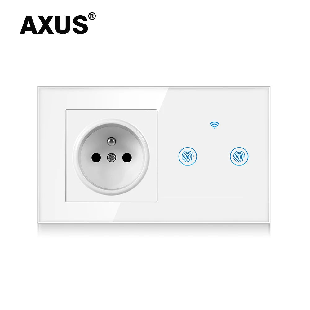 AXUS Franch Standard Touch Switch Smart Power Socket Plug Wall Power Crystal Glass Panel 16A French Socket 146mm Plug Grounding