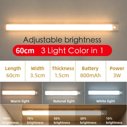 20-80cm LED Motion Sensor Light Night Wireless Lamp USB Rechargeable Wall Under Cabinet Bedroom For Kitchen Wardrobe Battery