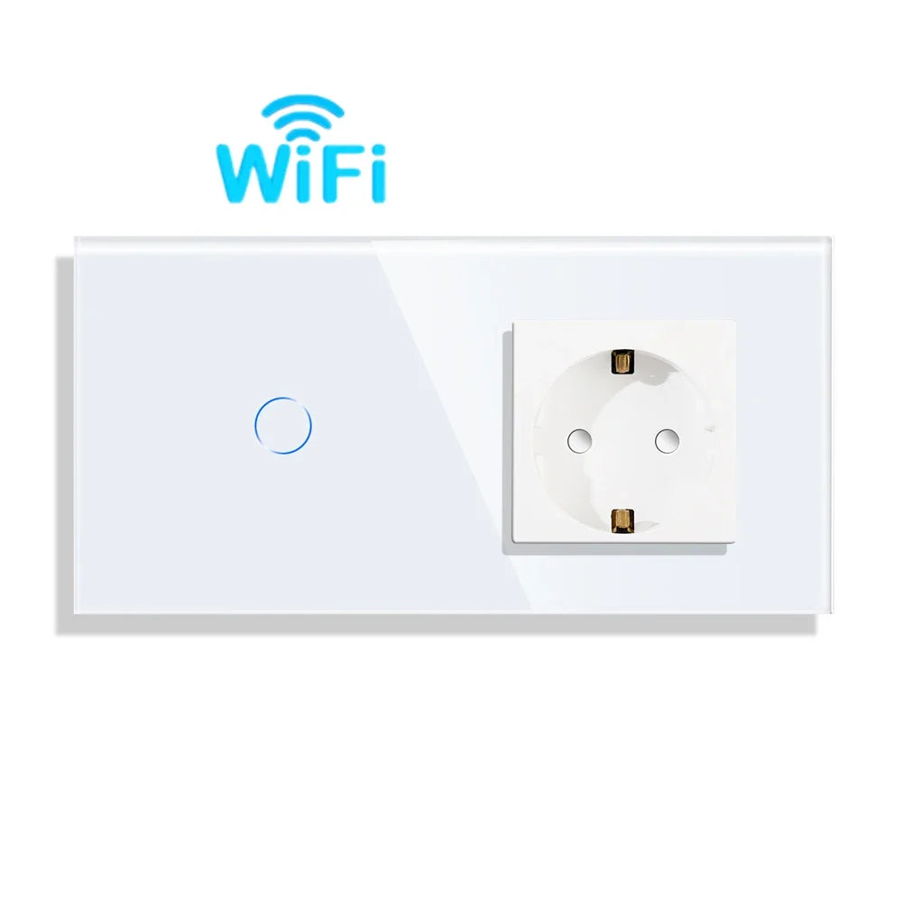 Bingoelec Wifi Smart Switch and Smart Socket Power Monitor with White Crystal Glass Panel Need or NO Neutral Home Improvement