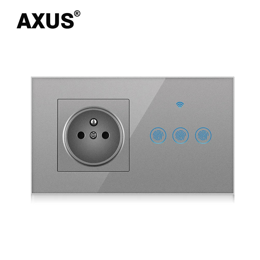 AXUS Franch Standard Touch Switch Smart Power Socket Plug Wall Power Crystal Glass Panel 16A French Socket 146mm Plug Grounding