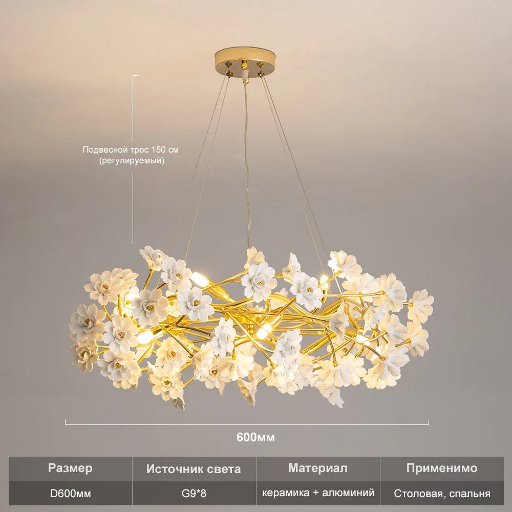 French White Flower Chandelier for Living Room Bloom Ceramics Bedroom Girl's Room Romantic Ceiling Hanging Pendant