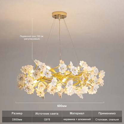 French White Flower Chandelier for Living Room Bloom Ceramics Bedroom Girl's Room Romantic Ceiling Hanging Pendant