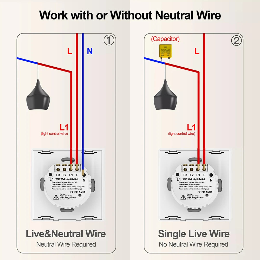 BONDA Smart Switch Alexa RF433 No Neutral Tuya Control Works With Google 1/2/3 Gang Smart Life Home Light WiFi Touch Switches