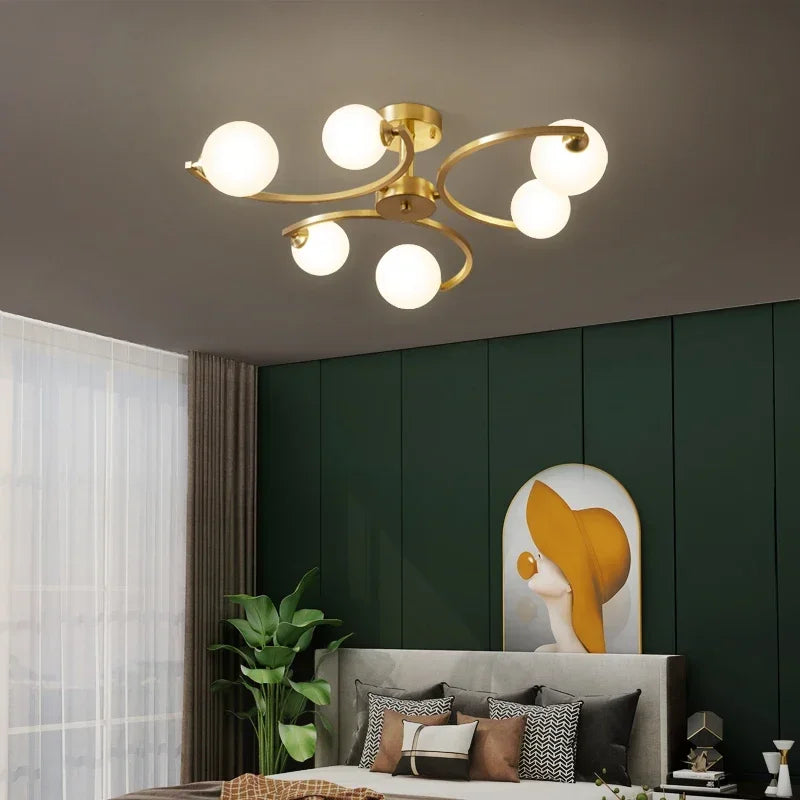 Luxury Golden Copper Ceiling Light Modern White Glass Ball LED Ceiling Lamps Living Dining Room Light Fixtures