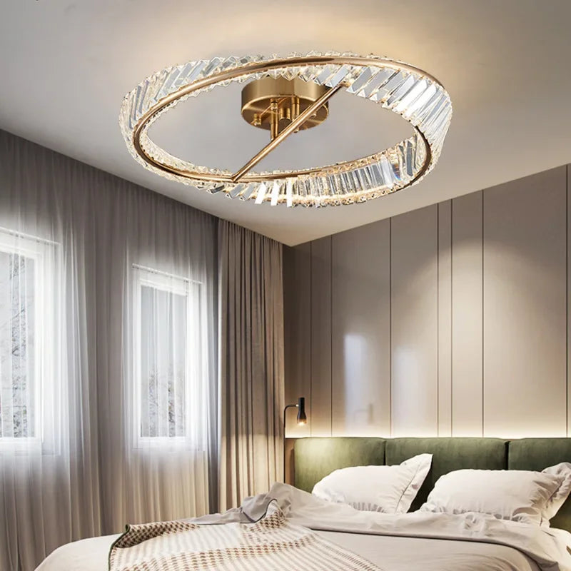 Modern LED Ceiling Light Crystal Rings Lamp Dimmable Gold Lustre for Living Dining Room Bedroom Indoor Home Decoration Fixtures