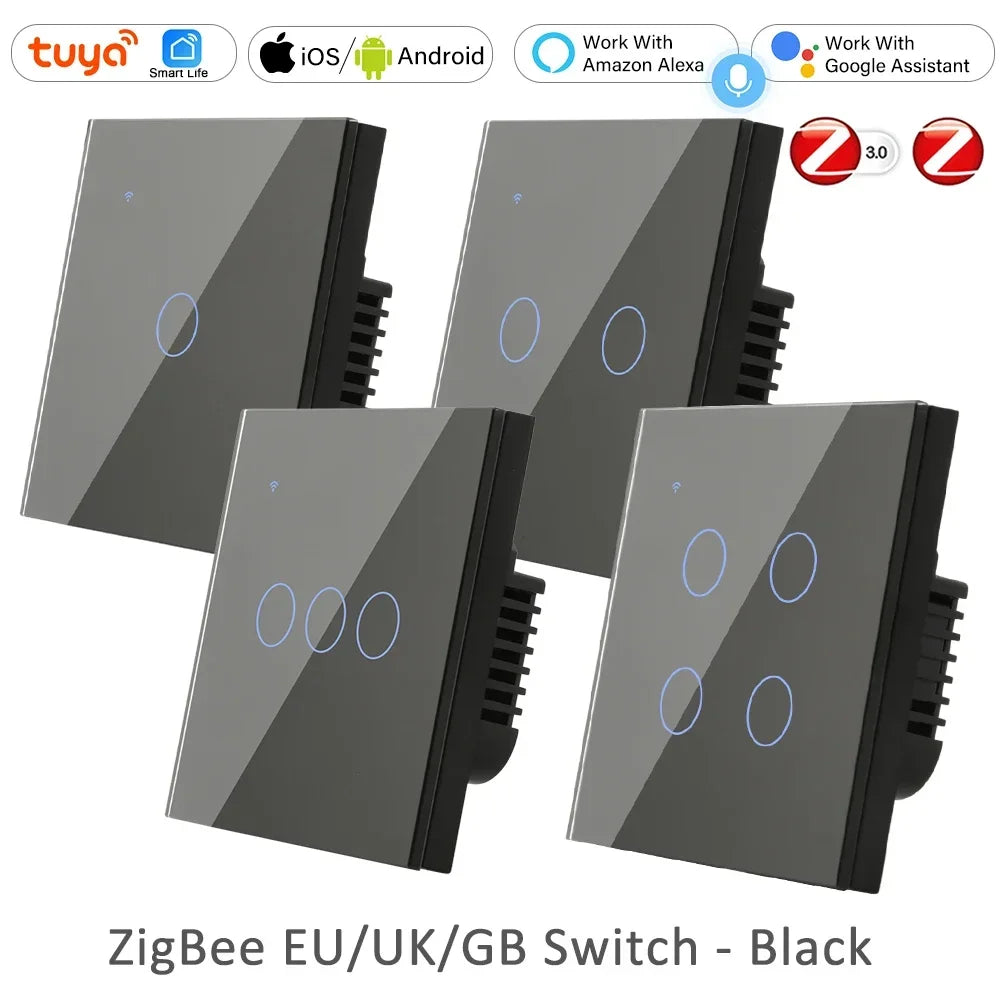 Alexa 2 3 Way Tuya ZigBee Smart Life EU UK Wall Light Power Switch Touch Switches 110V 220V Wireless Remote Home 1 2 3 4 Gang