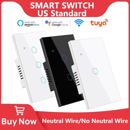 Tuya Smart Switches US Neutral Wire/No Neutral Wire Required 1/2/3/4 Gang Light WiFi Touch Switch Work with Alexa Google Home