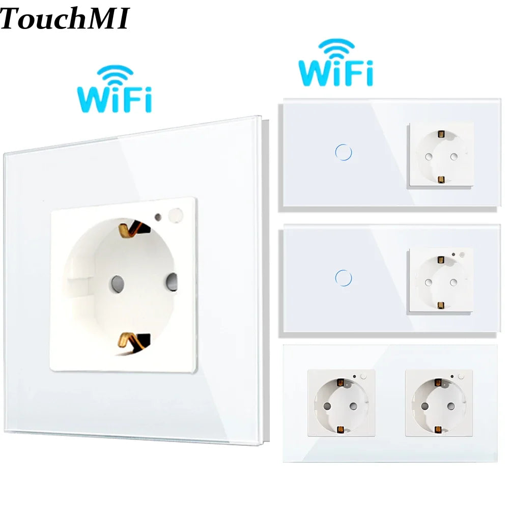 Bingoelec Wifi Smart Switch and Smart Socket Power Monitor with White Crystal Glass Panel Need or NO Neutral Home Improvement