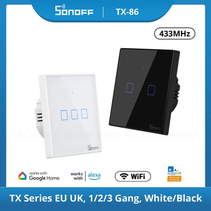 SONOFF TX  EU/ UK Wifi 433mhz RF Smart Wall Touch Switch 1/2/3 Gang Remote Voice Control Wifi Light Switches via Alexa Google