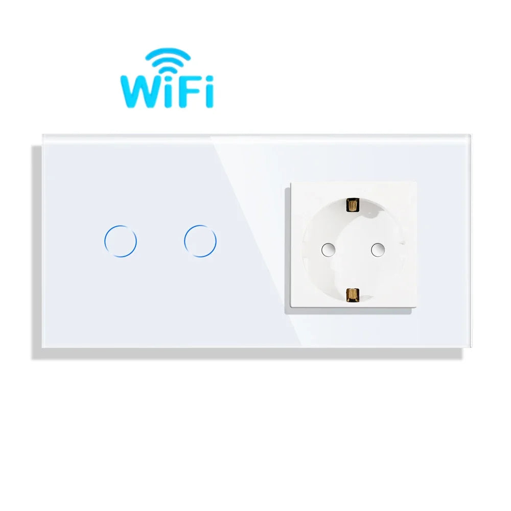 Bingoelec Wifi Smart Switch and Smart Socket Power Monitor with White Crystal Glass Panel Need or NO Neutral Home Improvement