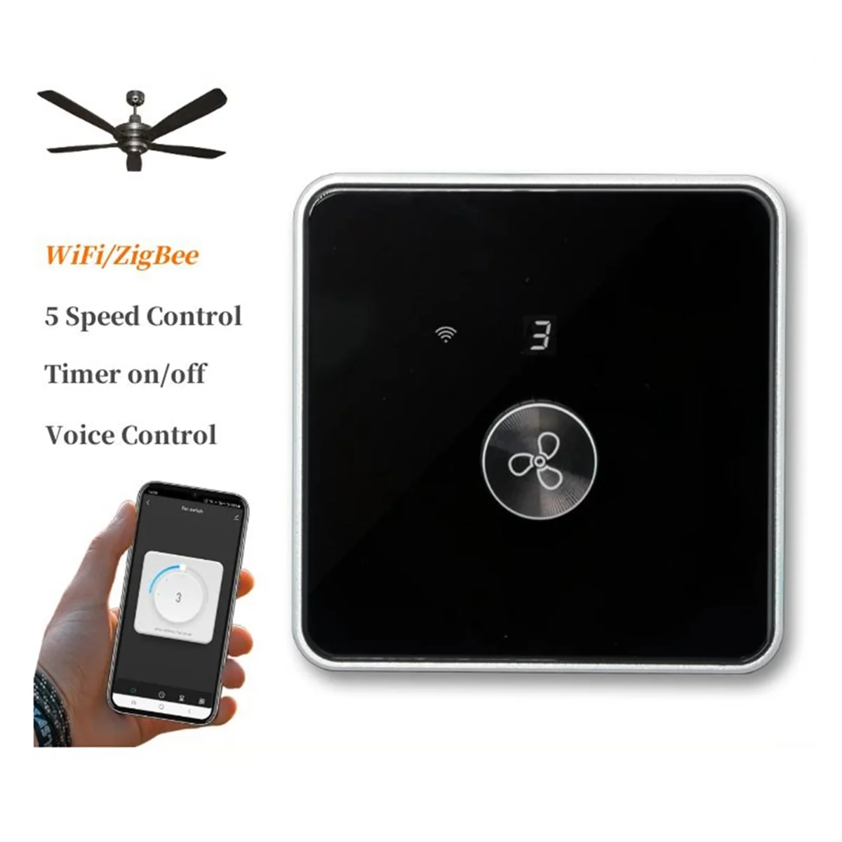 Smart Wifi Fan Switch 5 Speed Control EU Ceiling Fan Rotary/Knob Switches Tuya Remote for Alexa Google Home(Black)