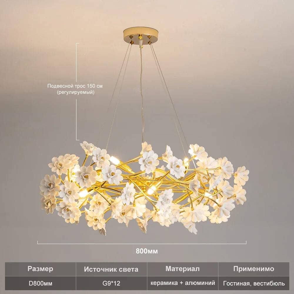 French White Flower Chandelier for Living Room Bloom Ceramics Bedroom Girl's Room Romantic Ceiling Hanging Pendant