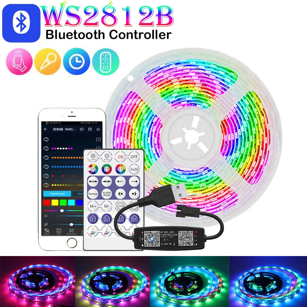 1m-30m USB WS2812B 5050 RGBIC LED Strip Bluetooth App Chasing Effect Lights Flexible WS2812 Tape TV BackLight Room Decorate DC5V