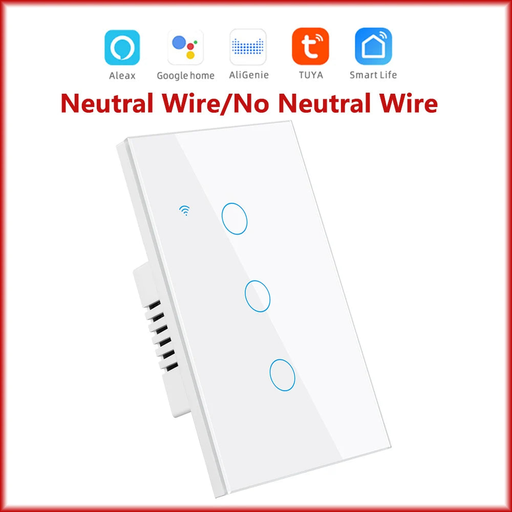 Tuya Smart Switches US Neutral Wire/No Neutral Wire Required 1/2/3/4 Gang Light WiFi Touch Switch Work with Alexa Google Home