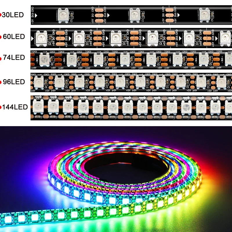 DC5V WS2812B WS2812 Smart 5050 RGB LED Strip Individuaily Addressable Light Tape 30/60/96/144Pixels/m Black/White PCB IP30/65/67