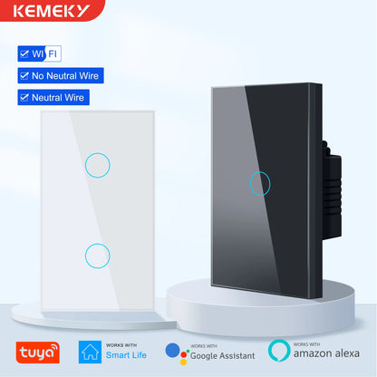 KEMEK Smart Wifi Touch Switch No Neutral Wire Required Smart Home 1/2/3 Gang Light Switch 100-240V Works with Alexa Hey Google