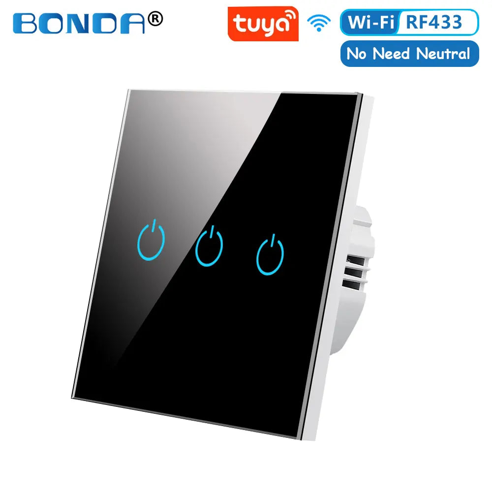 BONDA Smart Switch Alexa RF433 No Neutral Tuya Control Works With Google 1/2/3 Gang Smart Life Home Light WiFi Touch Switches