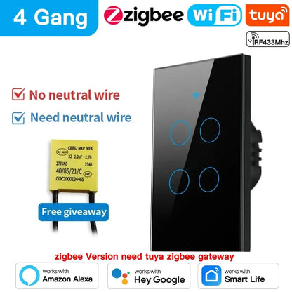 TNCE Tuya US WiFi/Zigbee Smart Wall Switch 1/2/3/4 Gang Light Switch Smart Touch Sensor Smart Home  Work with Alexa Google Home