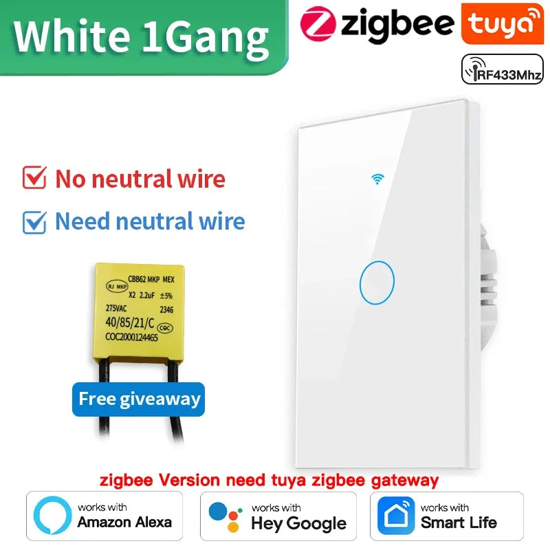 TNCE Tuya Wifi/Zigbee RF433 US Smart Wall Switch 1/2/3/4 Gang Touch Sensor Button No-Neutral Wire,Voice With Alexa Google Home