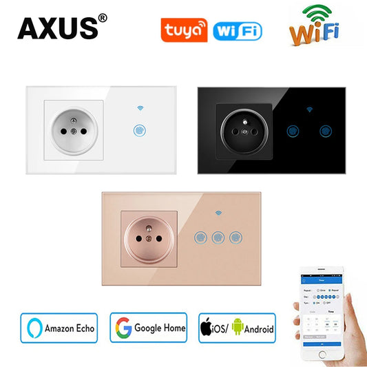 AXUS Franch Standard Touch Switch Smart Power Socket Plug Wall Power Crystal Glass Panel 16A French Socket 146mm Plug Grounding