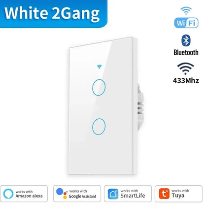 Tuya US WiFi+Bluetooth Smart Switches No Neutral Wire Required 1/2/3/4 Gang Light WiFi Touch Switch Work with Alexa Google Home