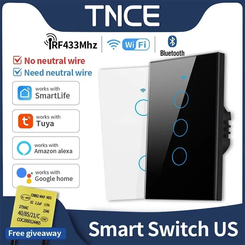 Tuya US WiFi+Bluetooth Smart Switches No Neutral Wire Required 1/2/3/4 Gang Light WiFi Touch Switch Work with Alexa Google Home