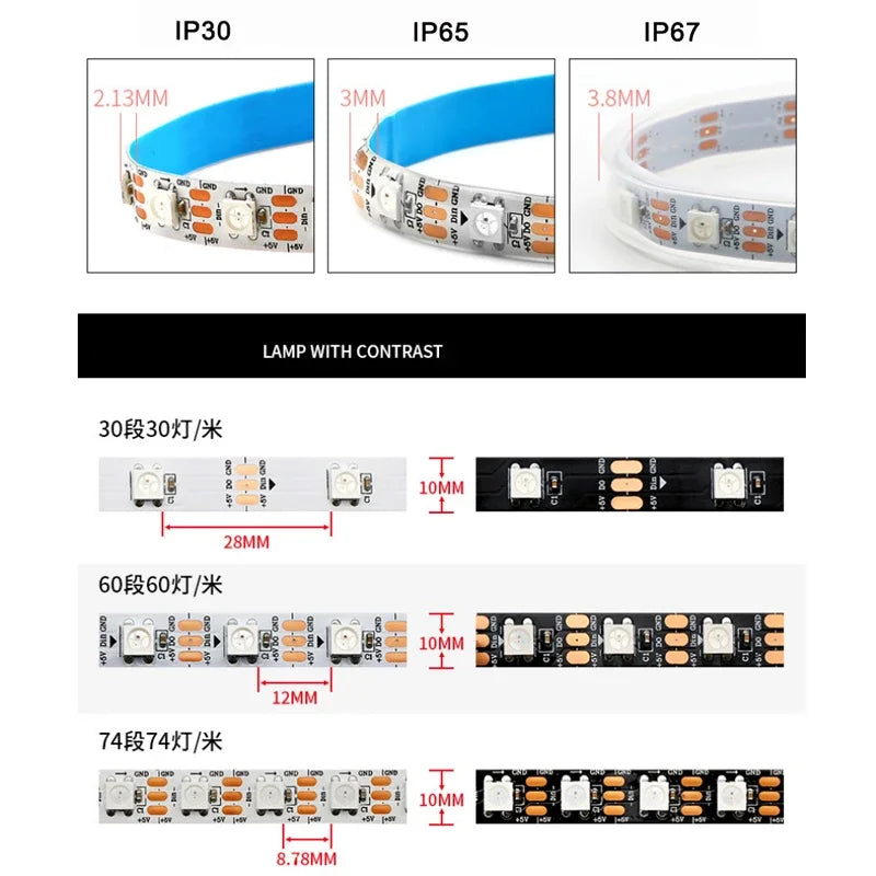 DC5V WS2812B WS2812 Smart 5050 RGB LED Strip Individuaily Addressable Light Tape 30/60/96/144Pixels/m Black/White PCB IP30/65/67