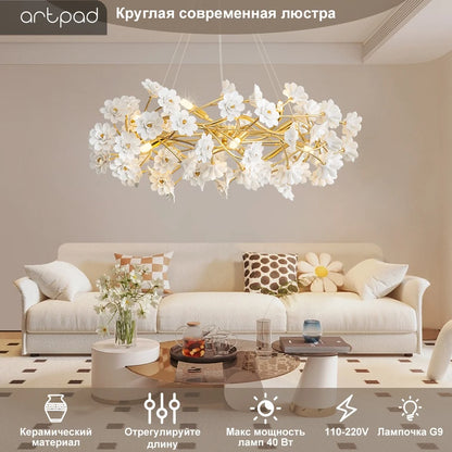 French White Flower Chandelier for Living Room Bloom Ceramics Bedroom Girl's Room Romantic Ceiling Hanging Pendant