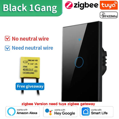 TNCE Tuya Wifi/Zigbee RF433 US Smart Wall Switch 1/2/3/4 Gang Touch Sensor Button No-Neutral Wire,Voice With Alexa Google Home