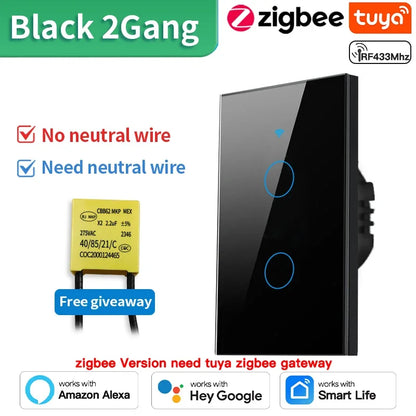 TNCE Tuya Wifi/Zigbee RF433 US Smart Wall Switch 1/2/3/4 Gang Touch Sensor Button No-Neutral Wire,Voice With Alexa Google Home