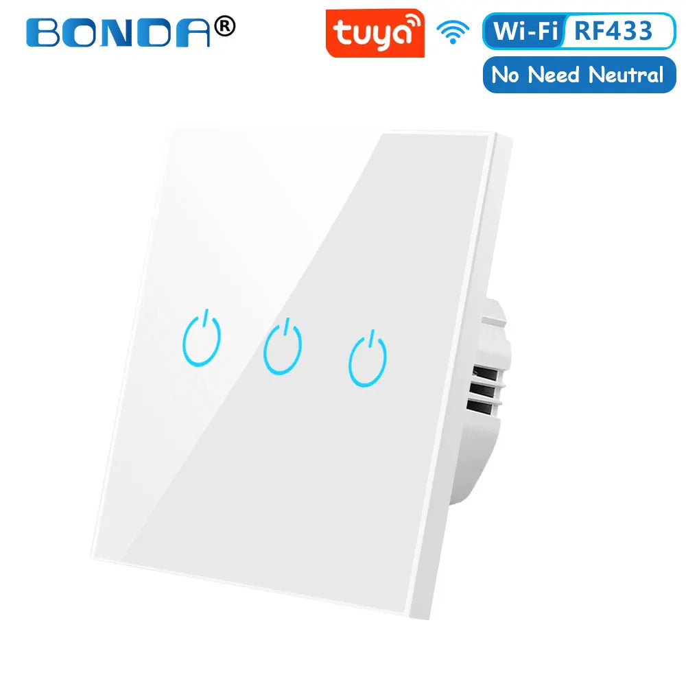 BONDA Smart Switch Alexa RF433 No Neutral Tuya Control Works With Google 1/2/3 Gang Smart Life Home Light WiFi Touch Switches