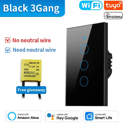 TNCE Tuya Wifi/Zigbee RF433 US Smart Wall Switch 1/2/3/4 Gang Touch Sensor Button No-Neutral Wire,Voice With Alexa Google Home