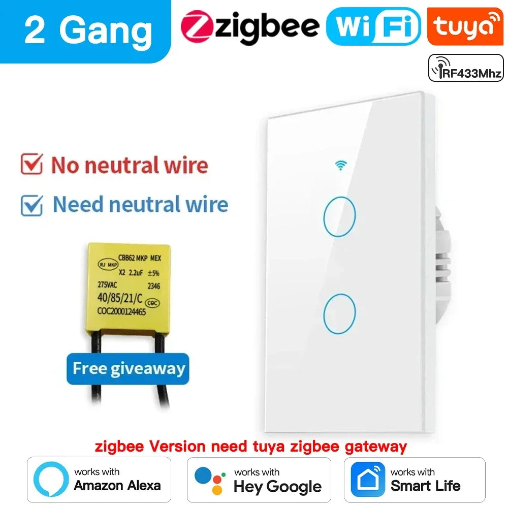 TNCE Tuya US WiFi/Zigbee Smart Wall Switch 1/2/3/4 Gang Light Switch Smart Touch Sensor Smart Home  Work with Alexa Google Home